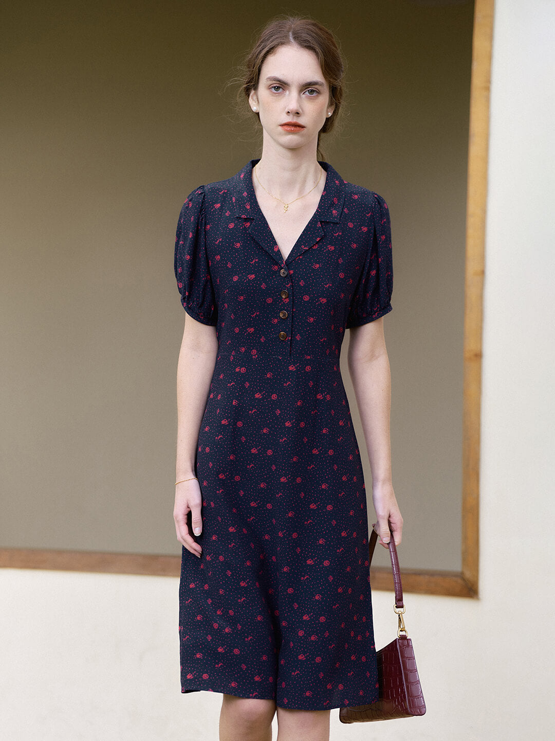 【Final Sale】Madeleine Vintage V Neck Puff Sleeve Dress