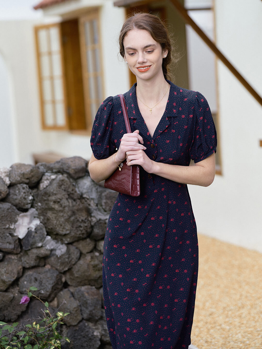 【Final Sale】Madeleine Vintage V Neck Puff Sleeve Dress