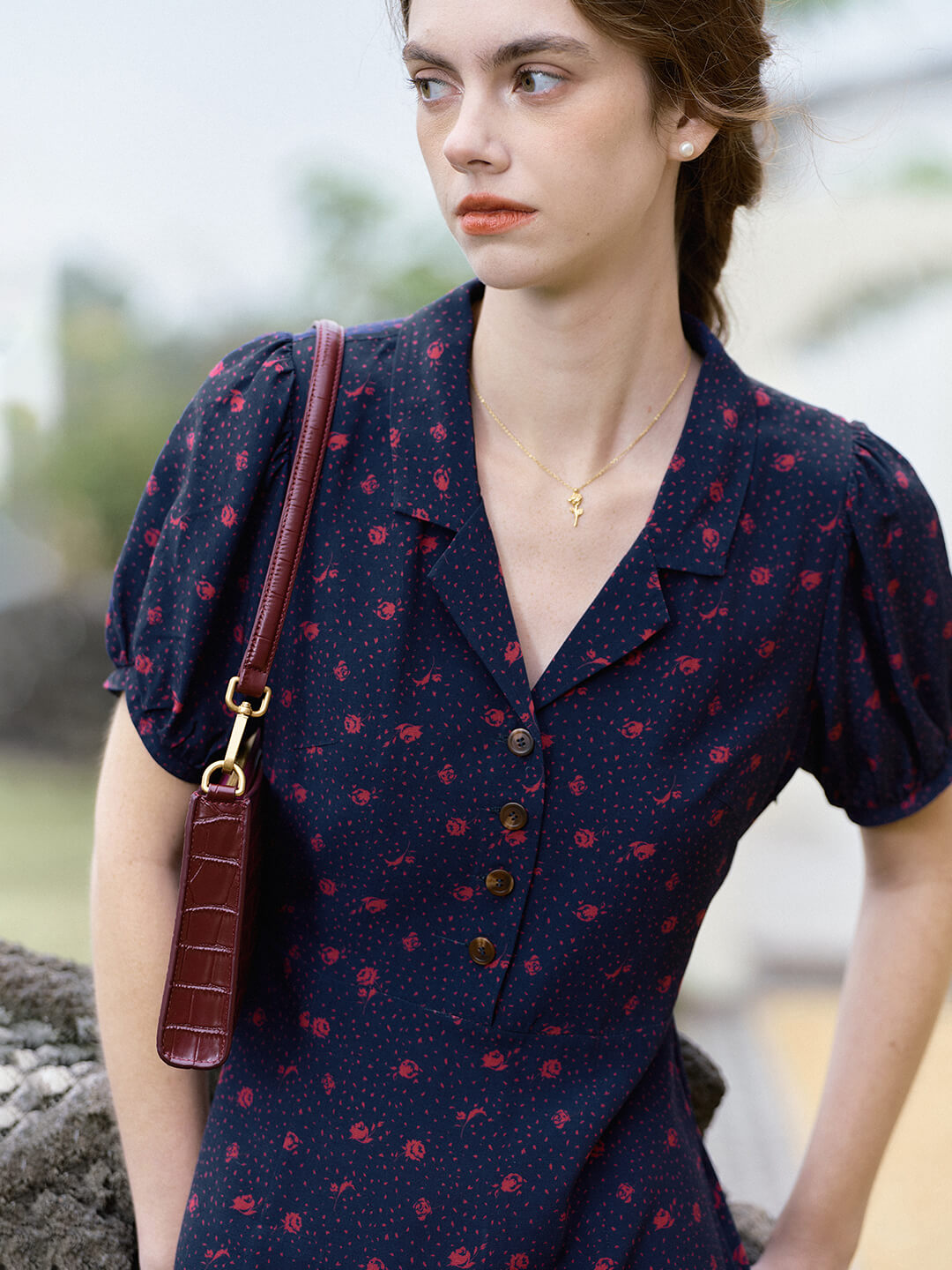 【Final Sale】Madeleine Vintage V Neck Puff Sleeve Dress