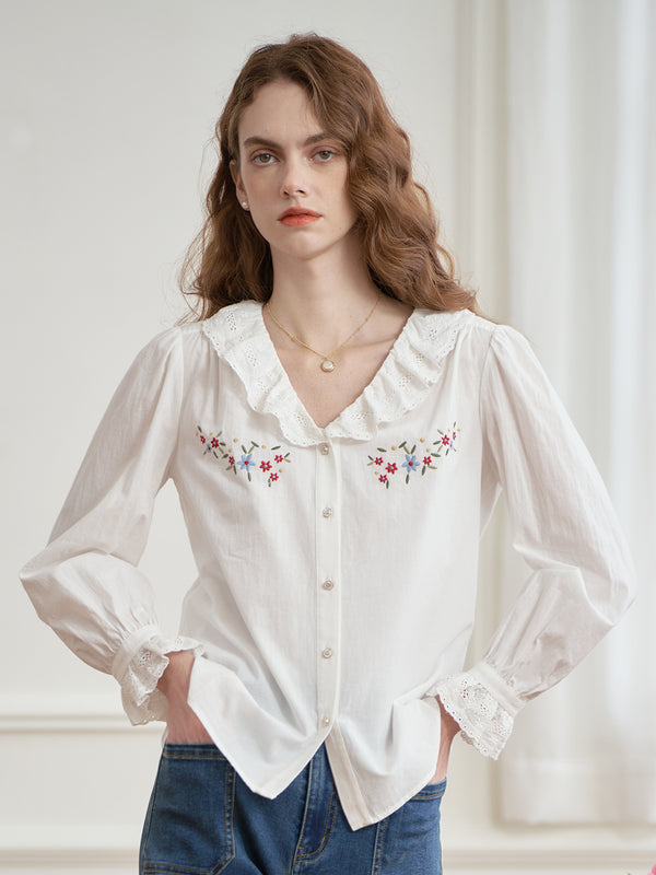 Addilyn Embroidered Lace Collar White Blouse