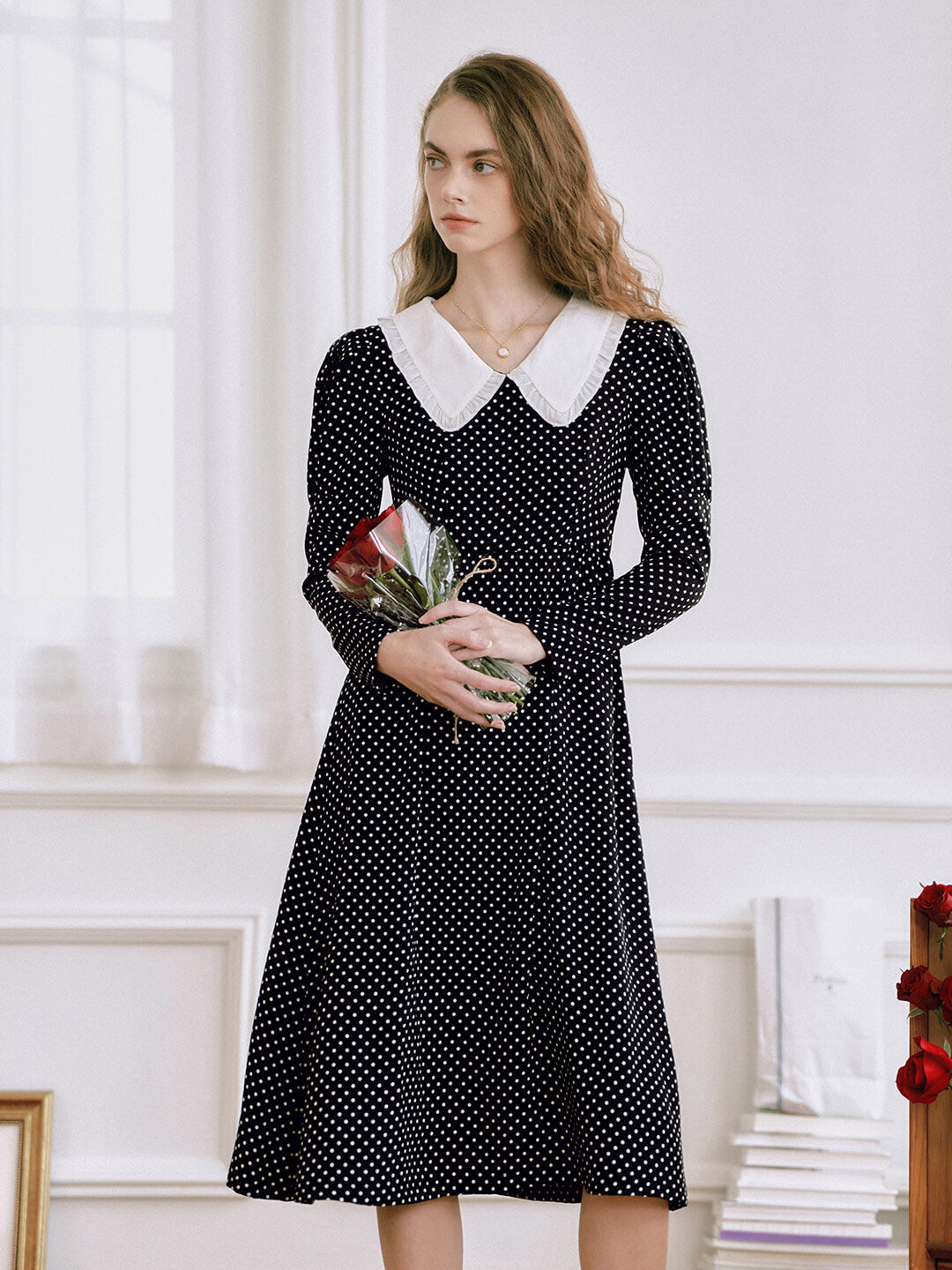 Lilith Polka Dot Large Lapel Black Dress