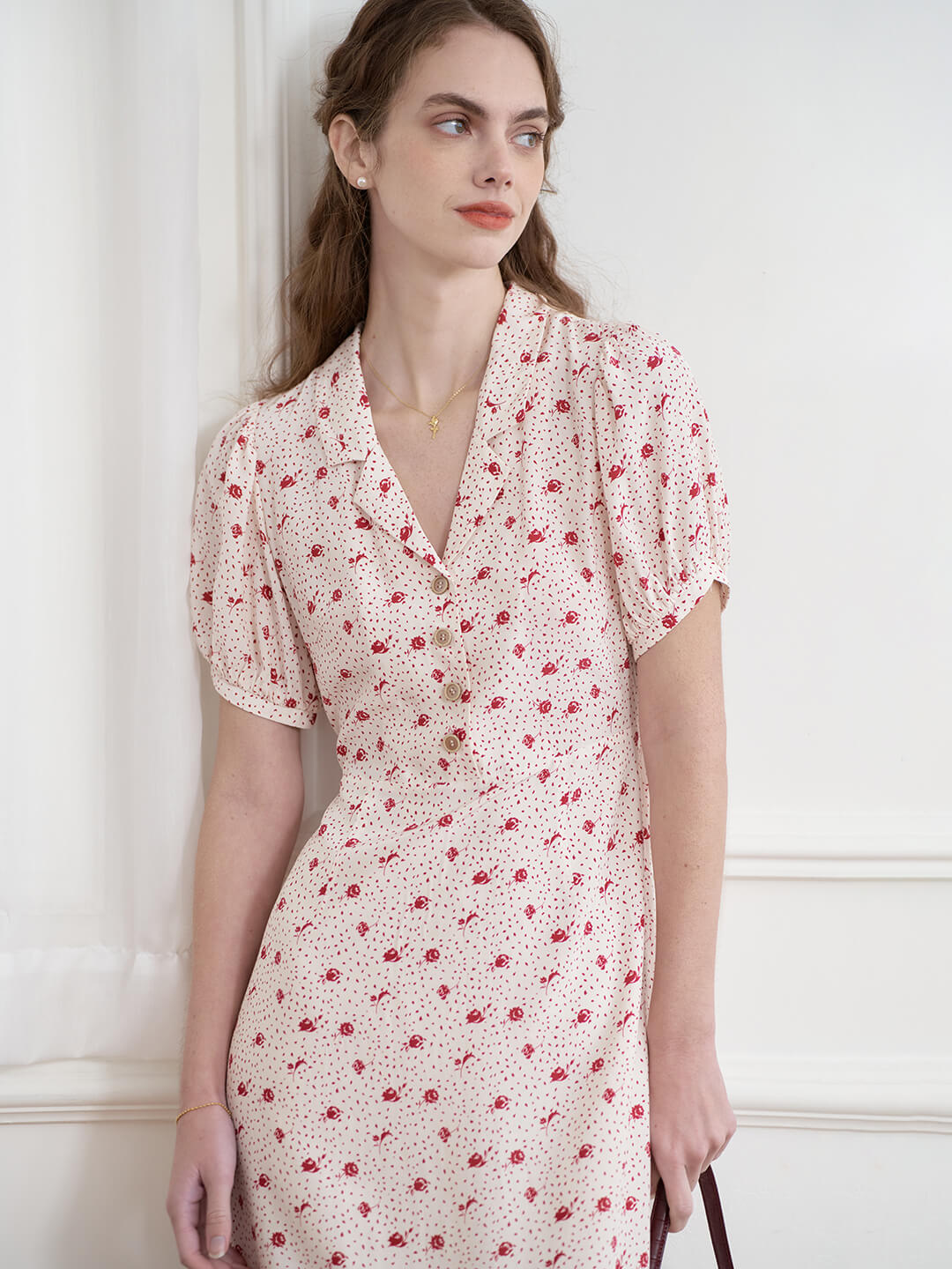 【Final Sale】Madeleine Vintage V Neck Puff Sleeve Dress