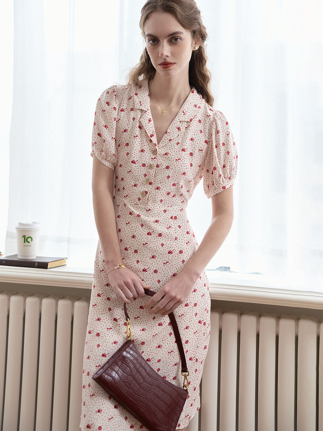 【Final Sale】Madeleine Vintage V Neck Puff Sleeve Dress