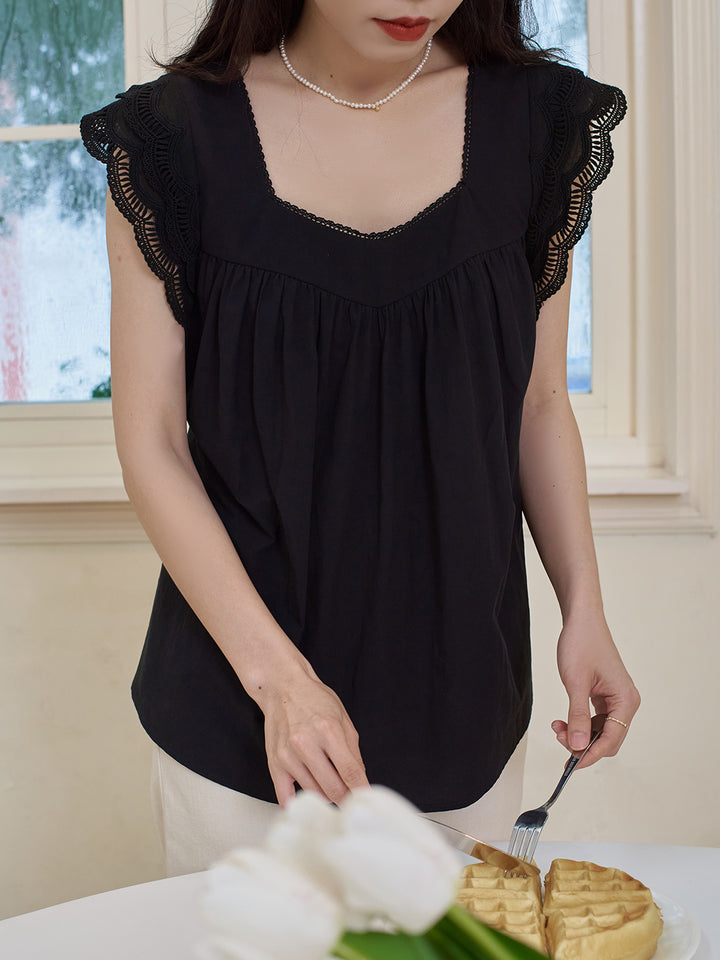 Karla Wing Ruffle Black Blouse/SIMPLERETRO