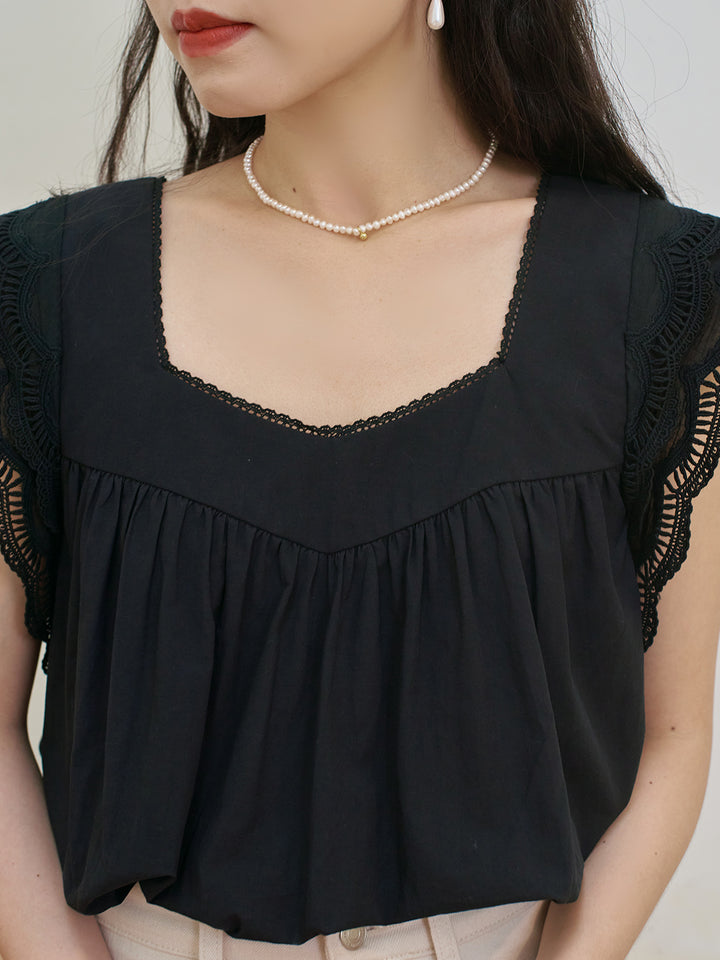 Karla Wing Ruffle Black Blouse/SIMPLERETRO