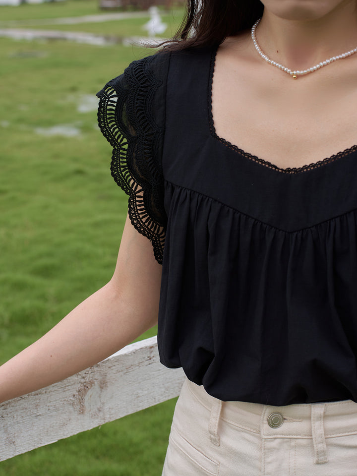 Karla Wing Ruffle Black Blouse/SIMPLERETRO