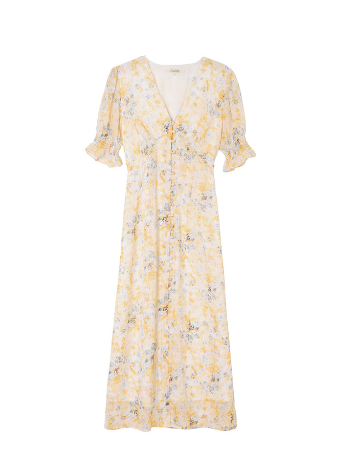 Kora Floral Printed Yellow Maxi Dress/SIMPLERETRO