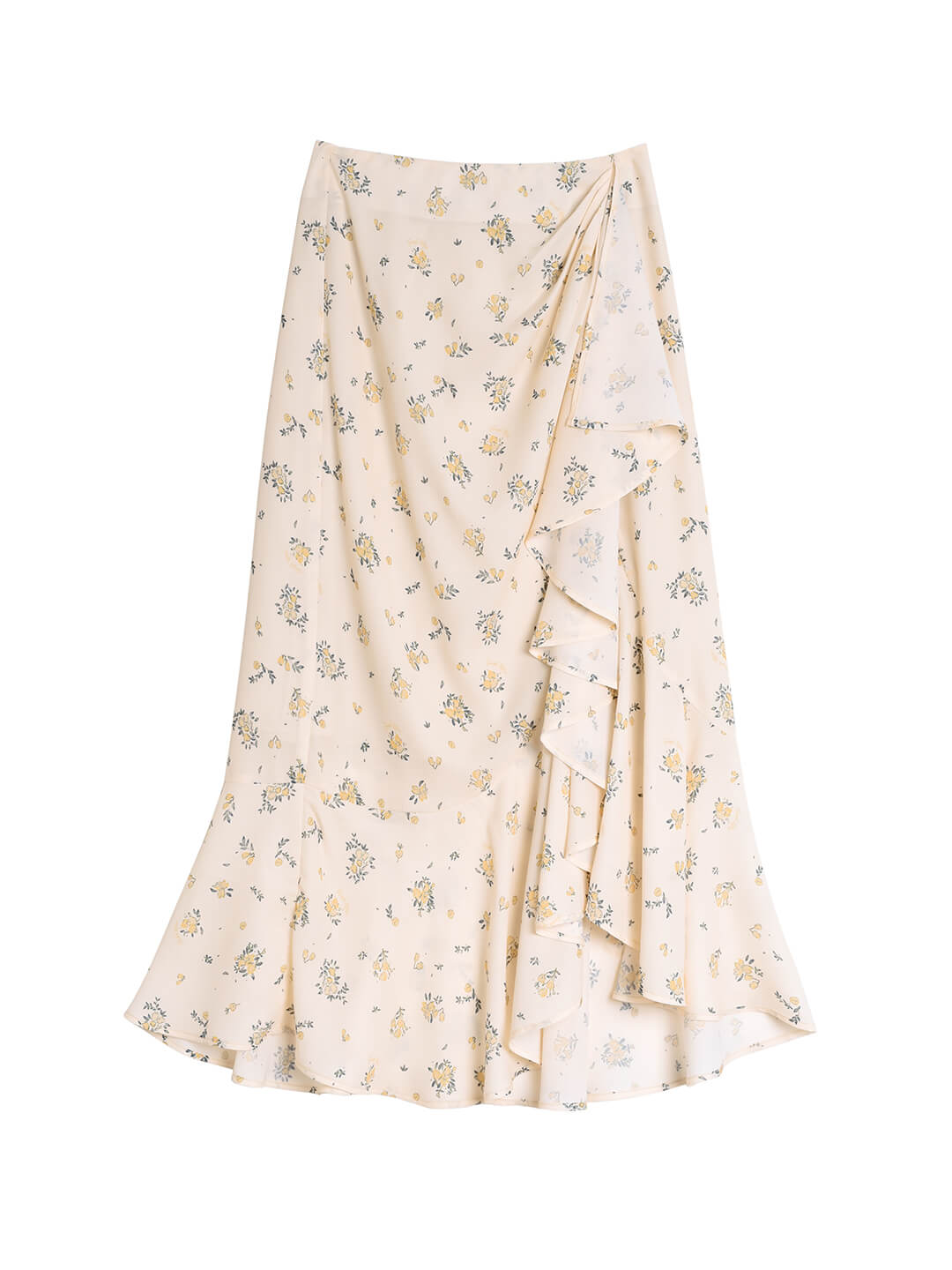 Iliana Ruffle Floral Printed Apricot Midi Skirt/Simple Retro/11319