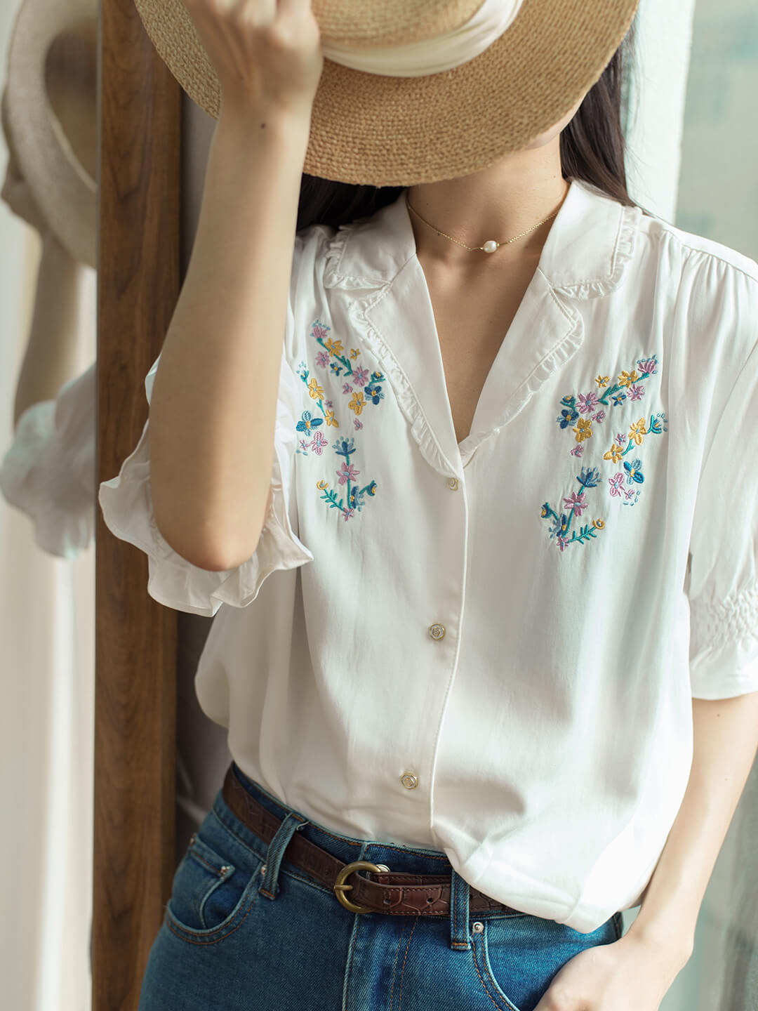 Alicia Floral Embroidery V-Neck Blouse White