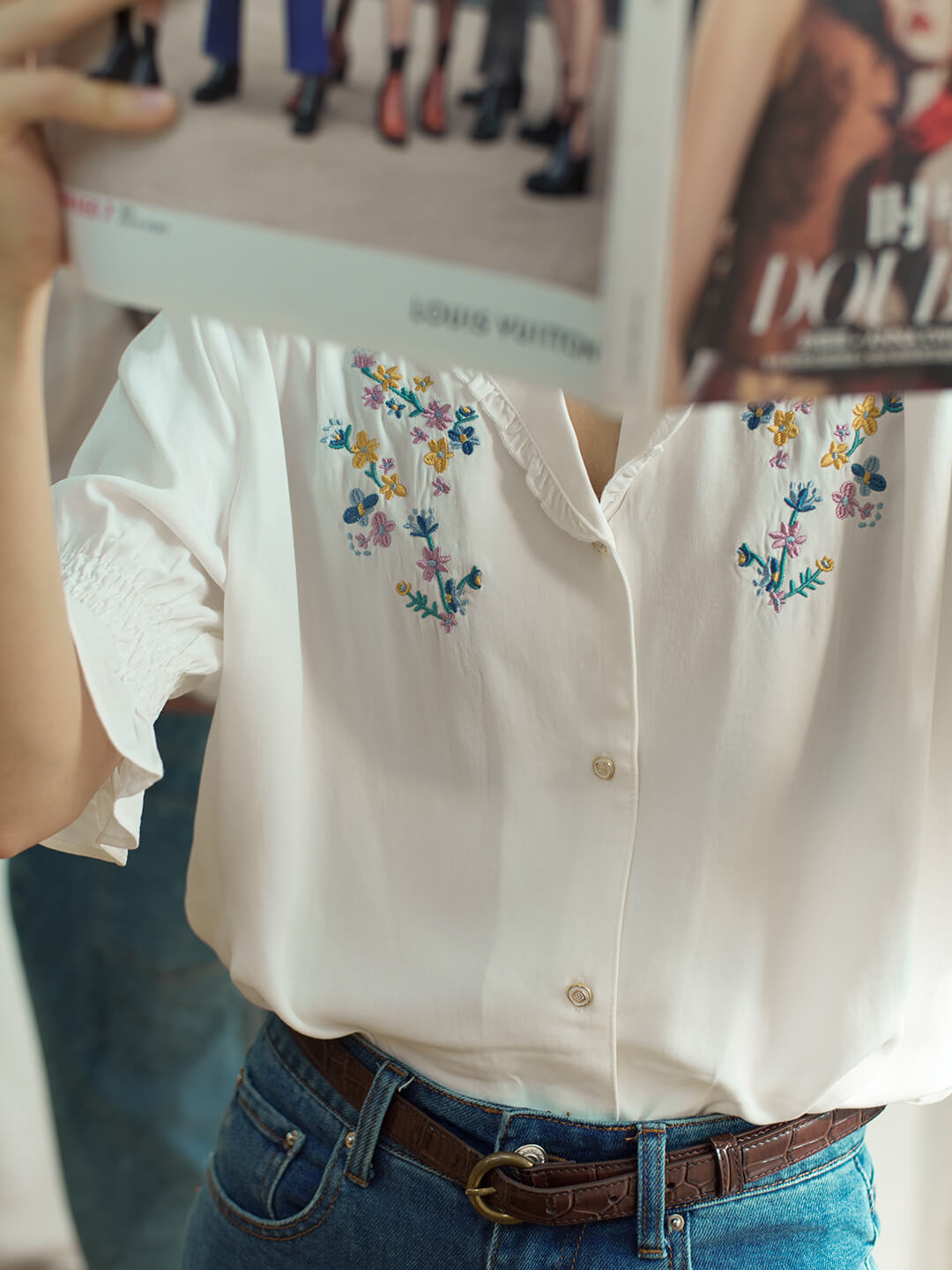 Alicia Floral Embroidery V-Neck Blouse White