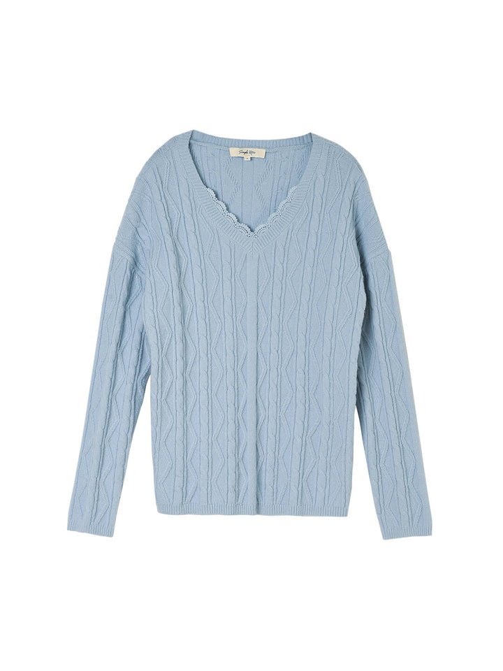 Evie Lace V-neck Blue Cable Sweater/simple retro