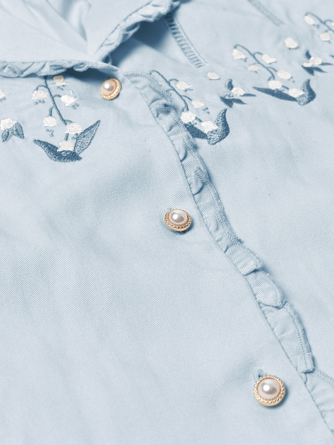 Convallaria Floral Embroidered Blue Puff Top