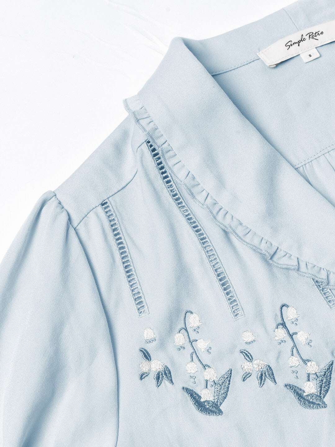 Convallaria Floral Embroidered Blue Puff Top