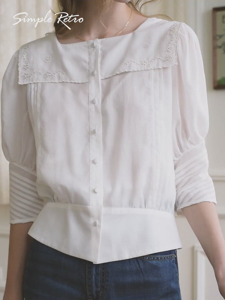Eliza Floral Embroidered Pleated White Blouse/Simple Retro/66087