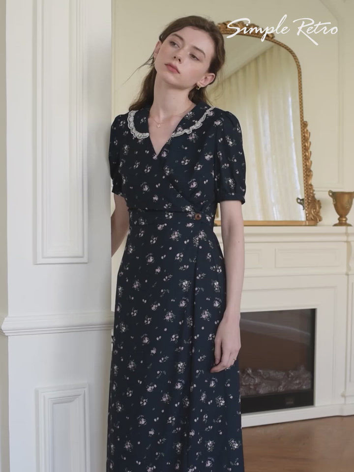 Rose Floral Printed Pink Satin Tea Dress/Simple Retro/11311