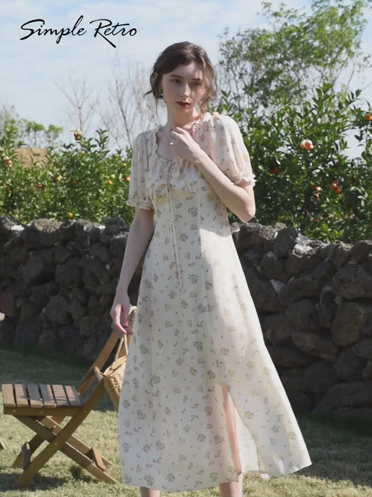 Final Sale Magnolia Printed Floral Yellow Midi Dress Simple Retro