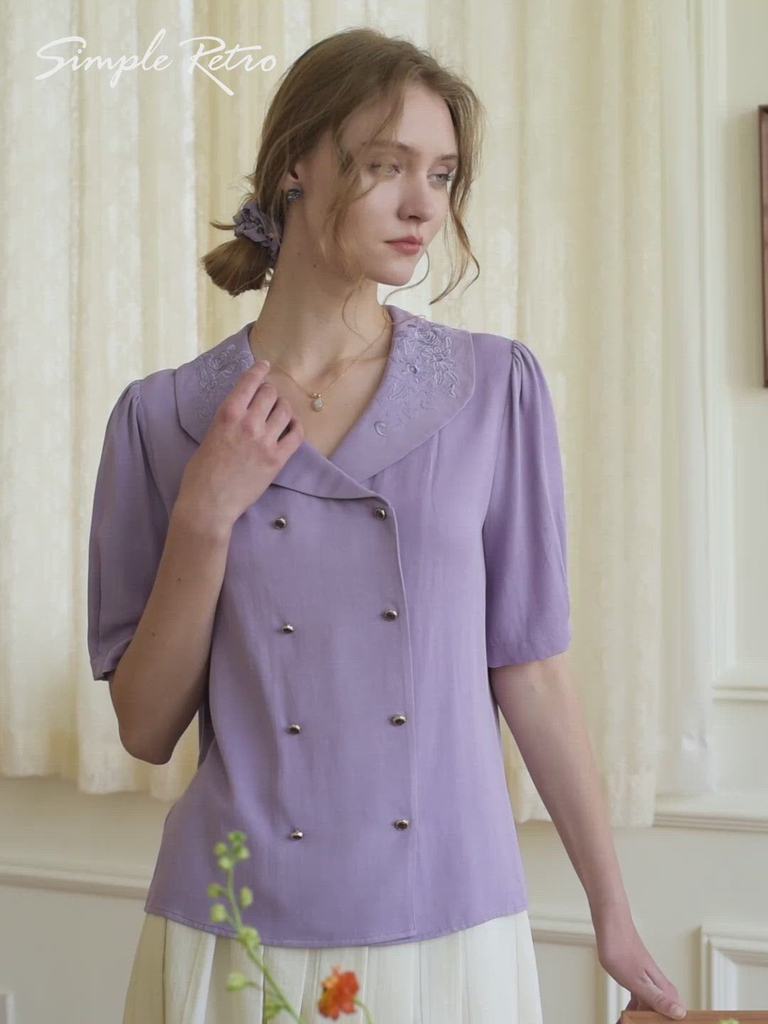 Andrea Flora Embroidered Collar Purple Blouse/Simple Retro/66083