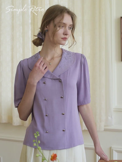 Andrea Flora Embroidered Collar Purple Blouse/Simple Retro/66083